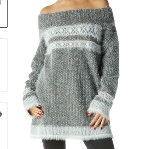 Anthropologie Sleeping on Snow Wool Fuzzy Off Shoulder Sweater Tunic Gray XS